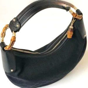Auth GUCCI Half Moon Canvas Leather Hobo Shoulder Bag Handbag Stud Bamboo Ring